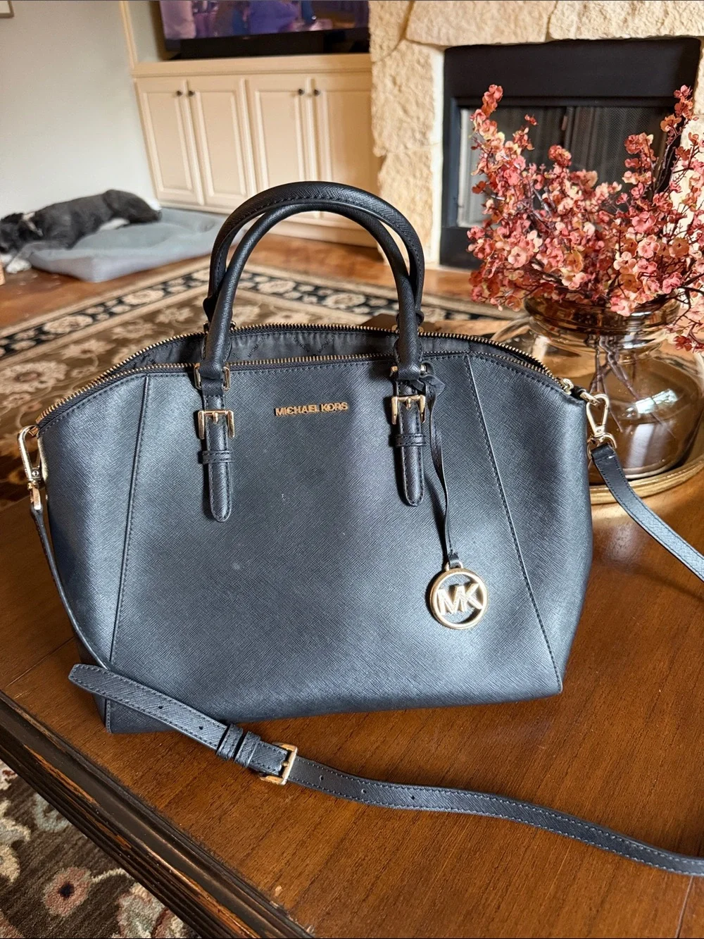 Michael Kors Black Leather Satchel with Gold Hardware